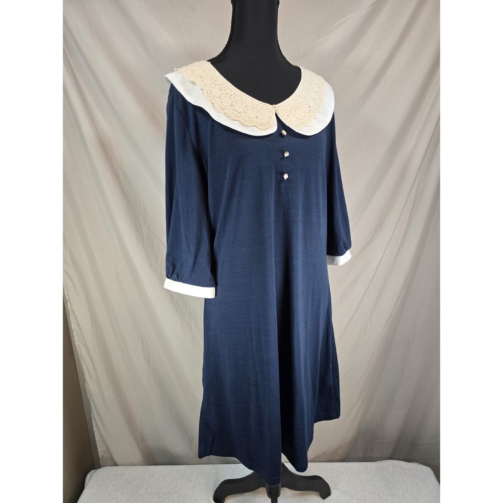 New Alegra K Blue Dress With Tan Peter Pan Collar‎ In Large L